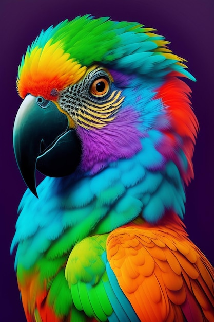 A colorful parrot with a black beak and yellow eyes.