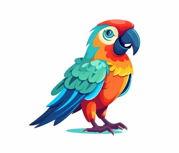 A colorful parrot with a blue beak and a yellow beak stands on a white background.