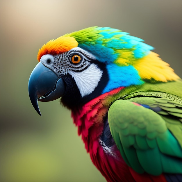 A colorful parrot with a blue beak and yellow eyes.