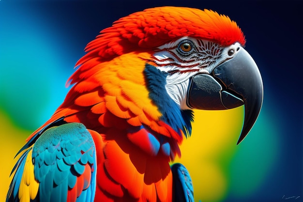 A colorful parrot with a blue face and a yellow beak.