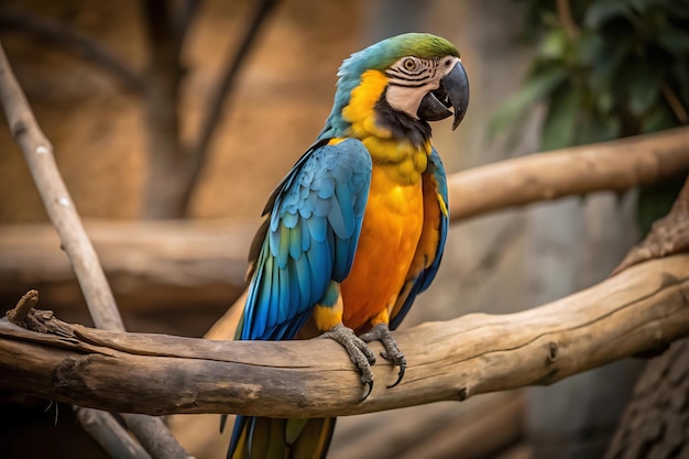 Photo a colorful parrot with a blue tail sits on a branch