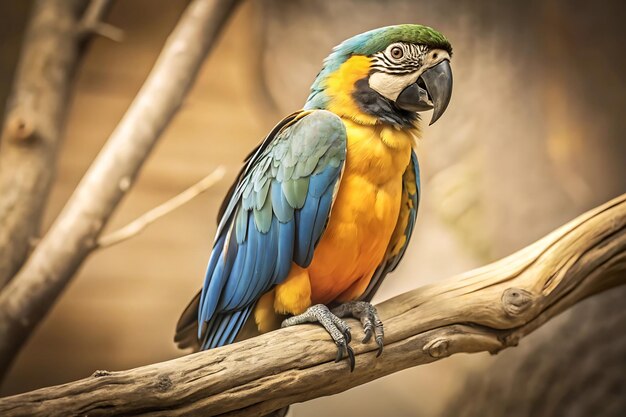 Photo a colorful parrot with a blue tail sits on a branch