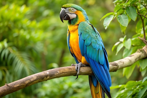 Photo a colorful parrot with a blue tail sits on a branch