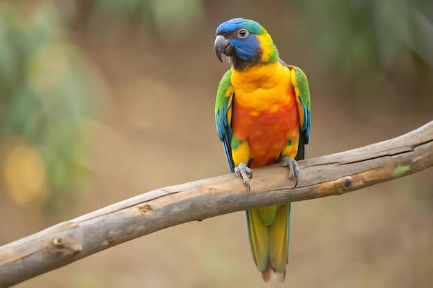 Photo a colorful parrot with a blue tail sits on a branch