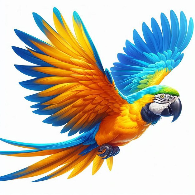 a colorful parrot with a blue and yellow beak is flying in the air