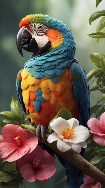 Photo a colorful parrot with a colorful background with flowers and a parrot