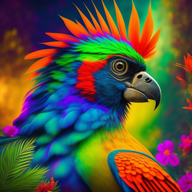 A colorful parrot with a colorful head and a yellow beak.