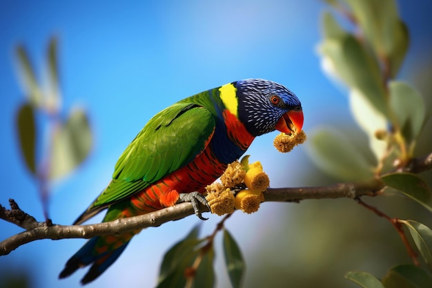 A colorful parrot with a fruit in its beak