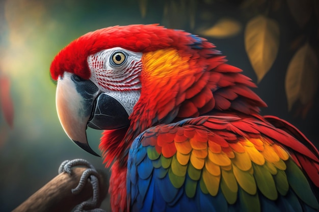 A colorful parrot with a green background and a red head.