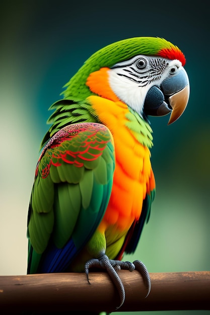 A colorful parrot with a green and orange head and wings.