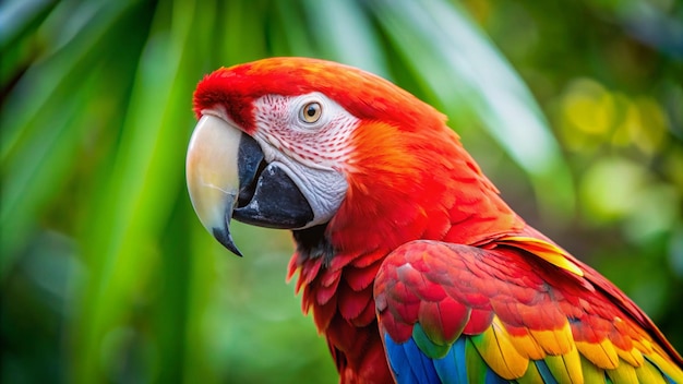 Photo a colorful parrot with a large beak is standing in a palm tree