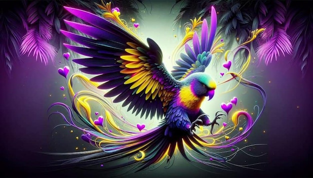 a colorful parrot with a purple and yellow wings is shown in this image