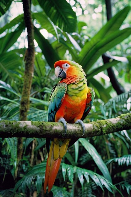 Photo colorful parrot with vivid plumage perched on a branch in a lush verdant rainforest