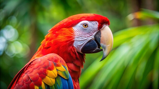 Photo a colorful parrot with a yellow beak and a blue and red tail