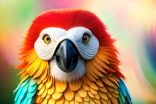 A colorful parrot with yellow eyes is shown.