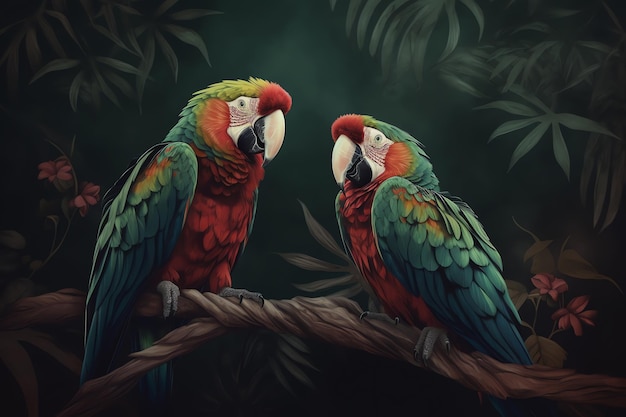 Colorful parrots in forest illustration