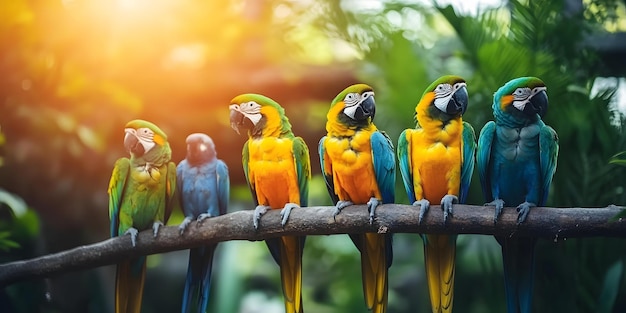 Colorful parrots perched on a branch