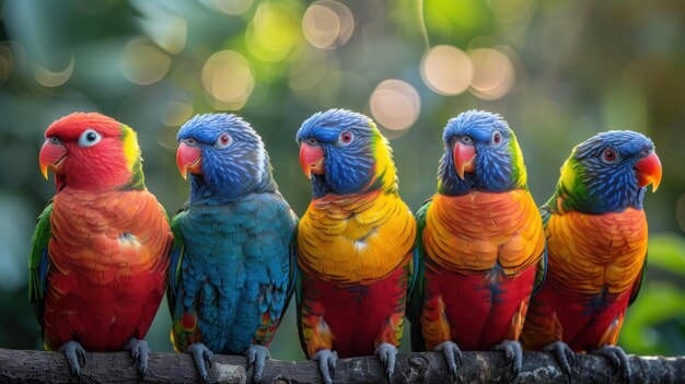 Photo colorful parrots perched on a branch