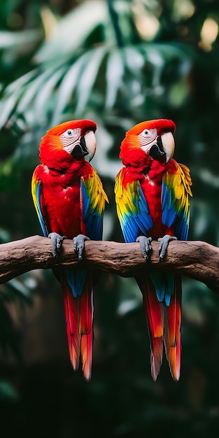 Colorful parrots sitting on a tree branch