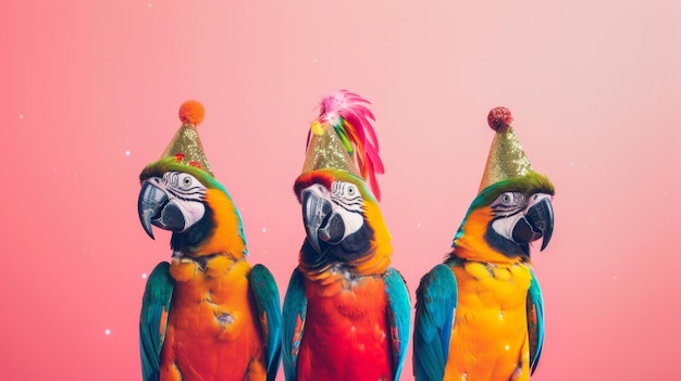 Photo colorful parrots with party hats on pink background concept of celebration exotic birds festive event party fun celebration