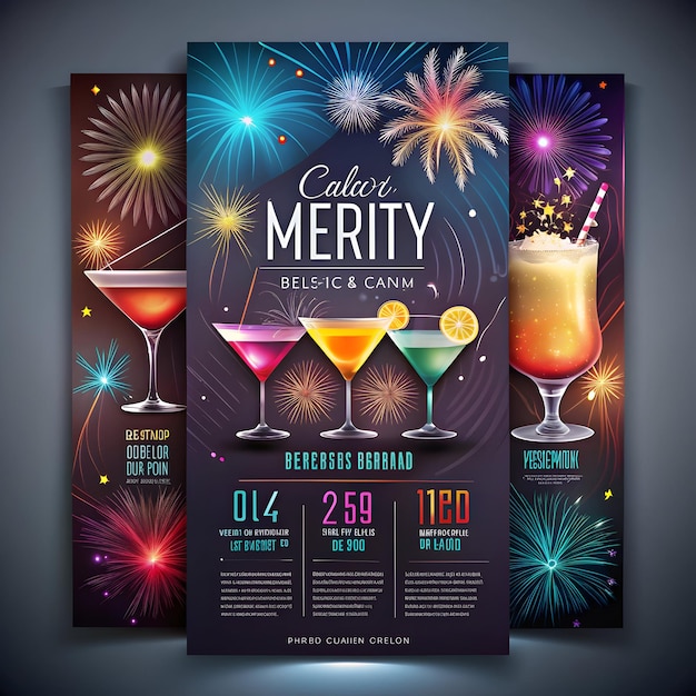 Photo colorful party flyer with cocktails fireworks and menu for alcoholic and non alcoholic drinks