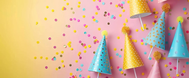 Colorful Party Hats and Confetti on Pink Background