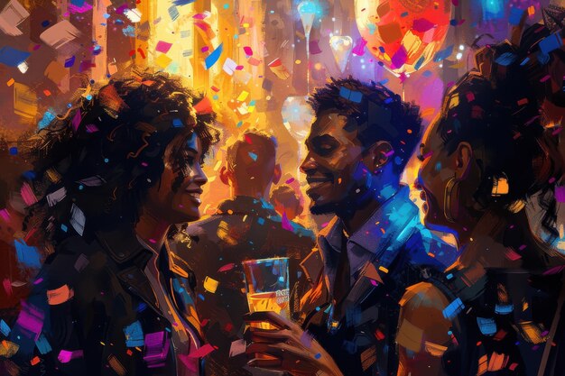 Colorful party scene with friends and confetti