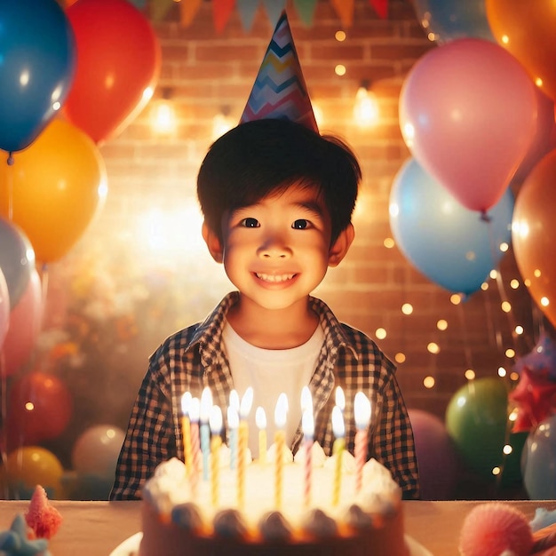 Photo colorful party setup featuring a little boy and his birthday cake