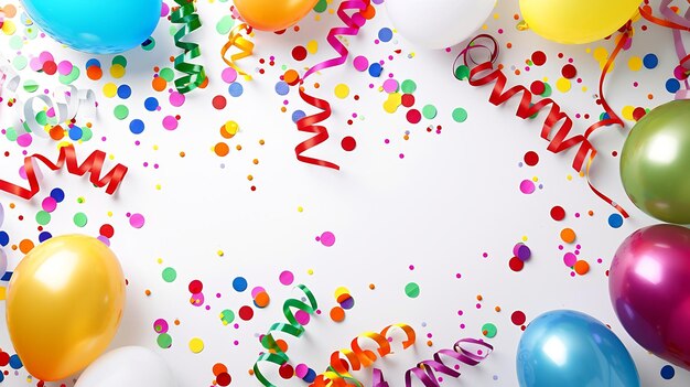 Colorful party streamers balloons confetti decoration isolated on white background C Generative AI