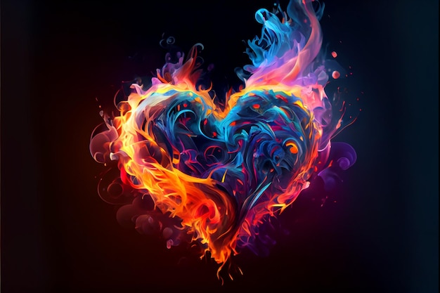 Colorful and passionate heart of fire isolated on black background Generative AI illustration