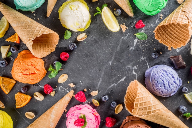 Colorful pastel ice cream with waffle cones