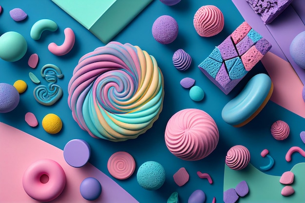 A colorful pastel placticine background with a lot of different colored candy Generated AI