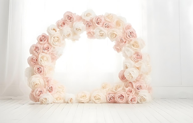 colorful pastel rose flowers arch frame on white background for wedding holiday greeting card