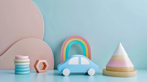 Colorful pastel wooden toys on a light blue background Minimalist and playful style for childrens room decor Perfect for educational purposes and imaginative play AI