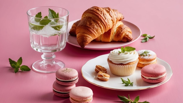 Photo colorful pastries and drinks arranged on a pink table perfect for gatherings