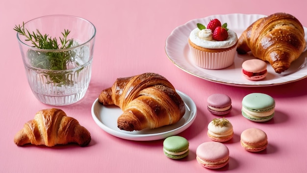 Photo colorful pastries and drinks arranged on a pink table perfect for gatherings