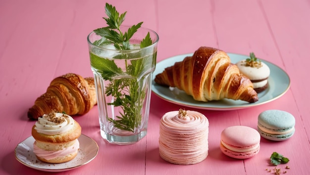 Photo colorful pastries and drinks arranged on a pink table perfect for gatherings