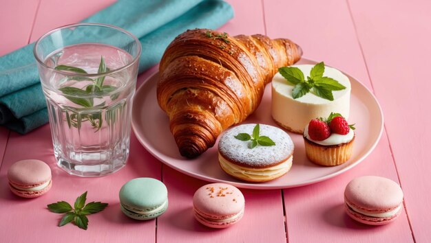 Photo colorful pastries and drinks arranged on a pink table perfect for gatherings