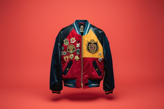 Photo colorful patchwork bomber jacket with embroidered detail hanging against red background