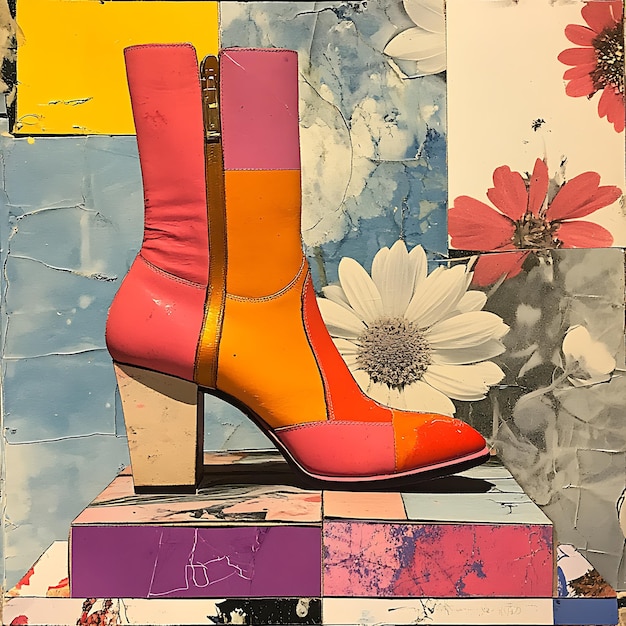 Colorful Patchwork Boot on a Collage Background