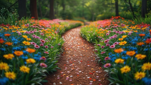 Photo a colorful path through a flower garden