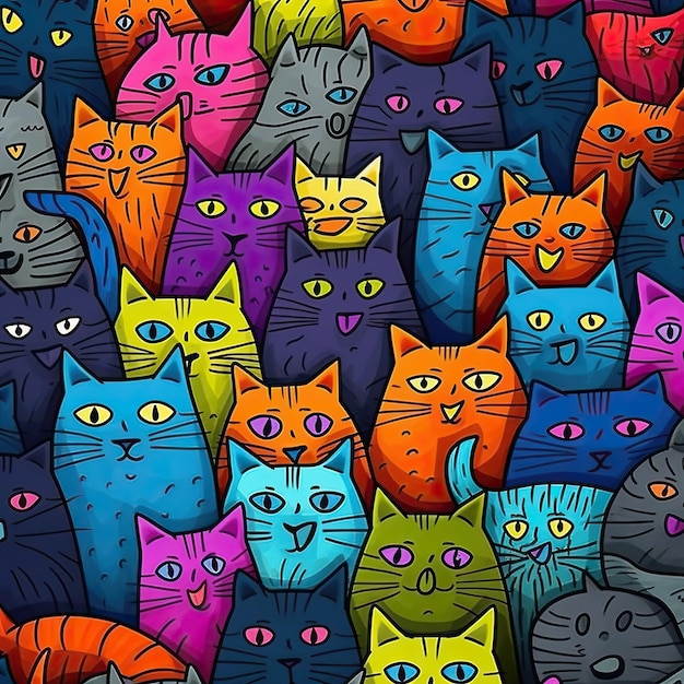 A colorful pattern of cats with different eyes.