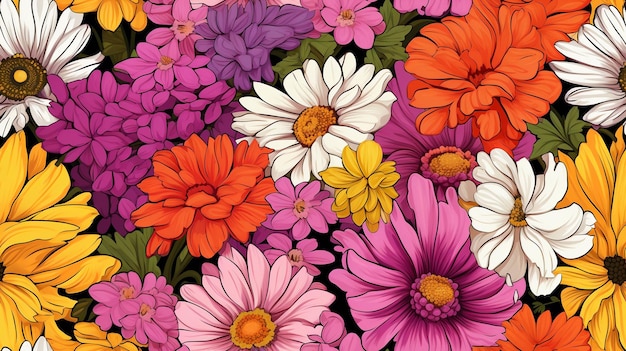 colorful pattern filled with blooming summer flowers