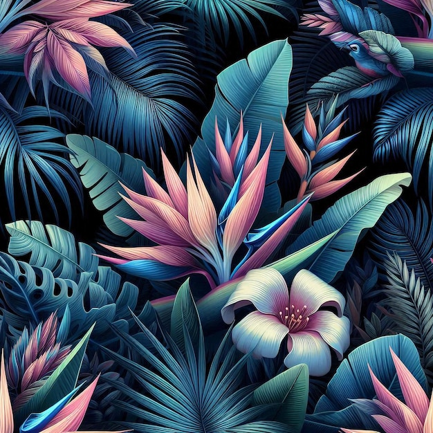 a colorful pattern of flowers and leaves in the style of the jungle