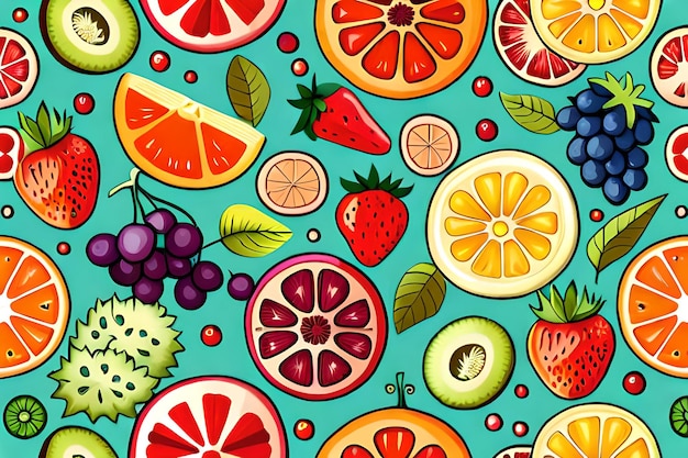 A colorful pattern of fruits and berries on a blue background.