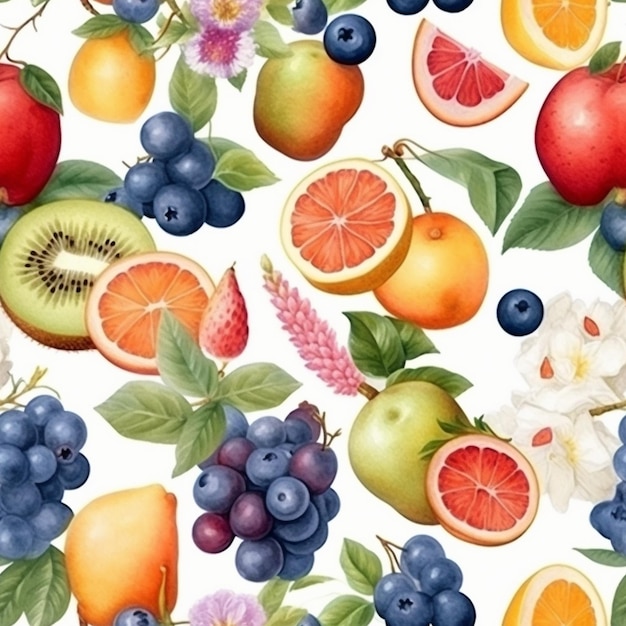 a colorful pattern of fruits and berries with a picture of a fruit