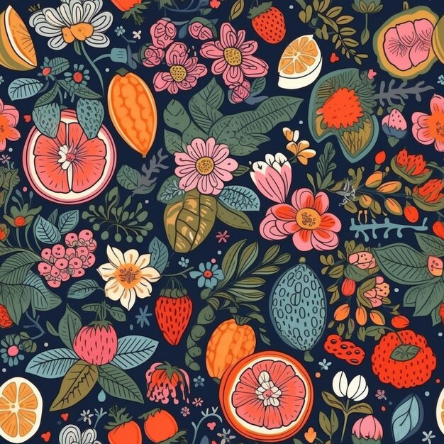 A colorful pattern of fruits and flowers.