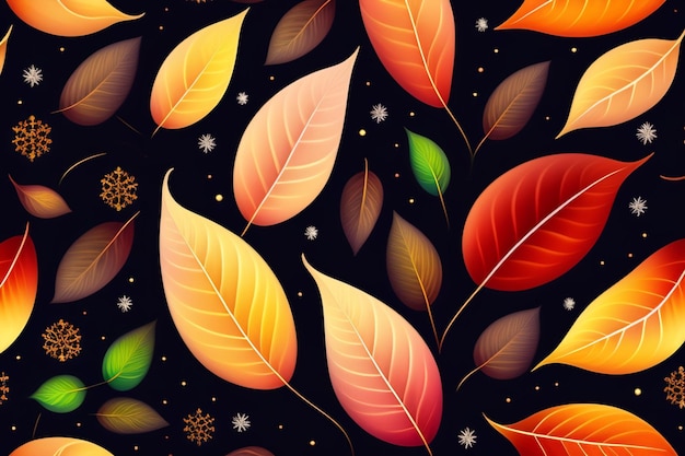 A colorful pattern of leaves on a black background