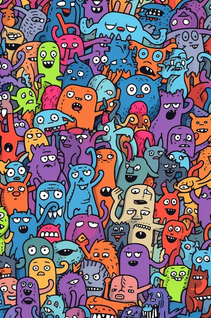 A colorful pattern of many monsters with one of them saying'i love you '