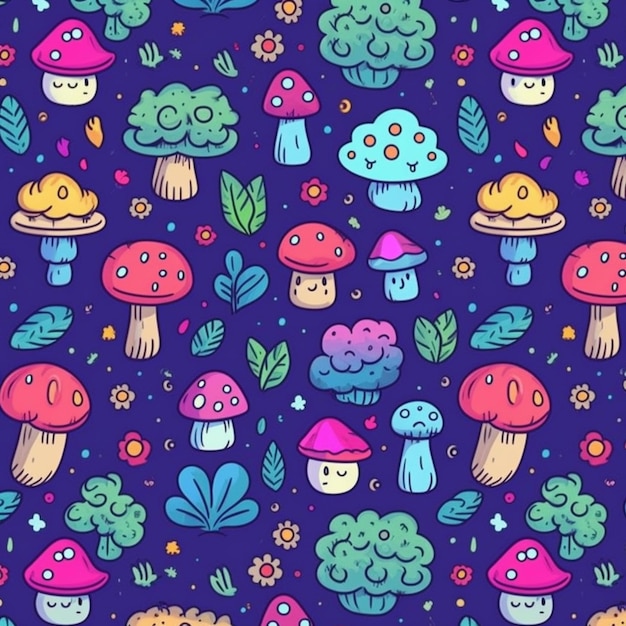 A colorful pattern of mushrooms and clouds on a blue background generative ai